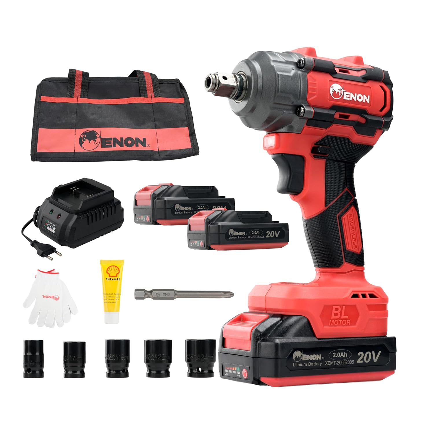 ENON 20V Impact Wrench Cordless Kit, 300Nm Torque, Powerful Motor, 2xLi-Ion 2.0Ah Batteries, 5 wrench sockets, F/R, Brushless, Woodworking Tool, Drill, Screwdriver - 6 Month Warranty (XE-BL2031) ENON 20V Impact Wrench Cordless Kit, 300Nm Torque, Powerful Motor, 2xLi-Ion 2.0Ah Batteries, 5 wrench sockets, F/R, Brushless, Woodworking Tool, Drill, Screwdriver - 6 Month Warranty (XE-BL2031)